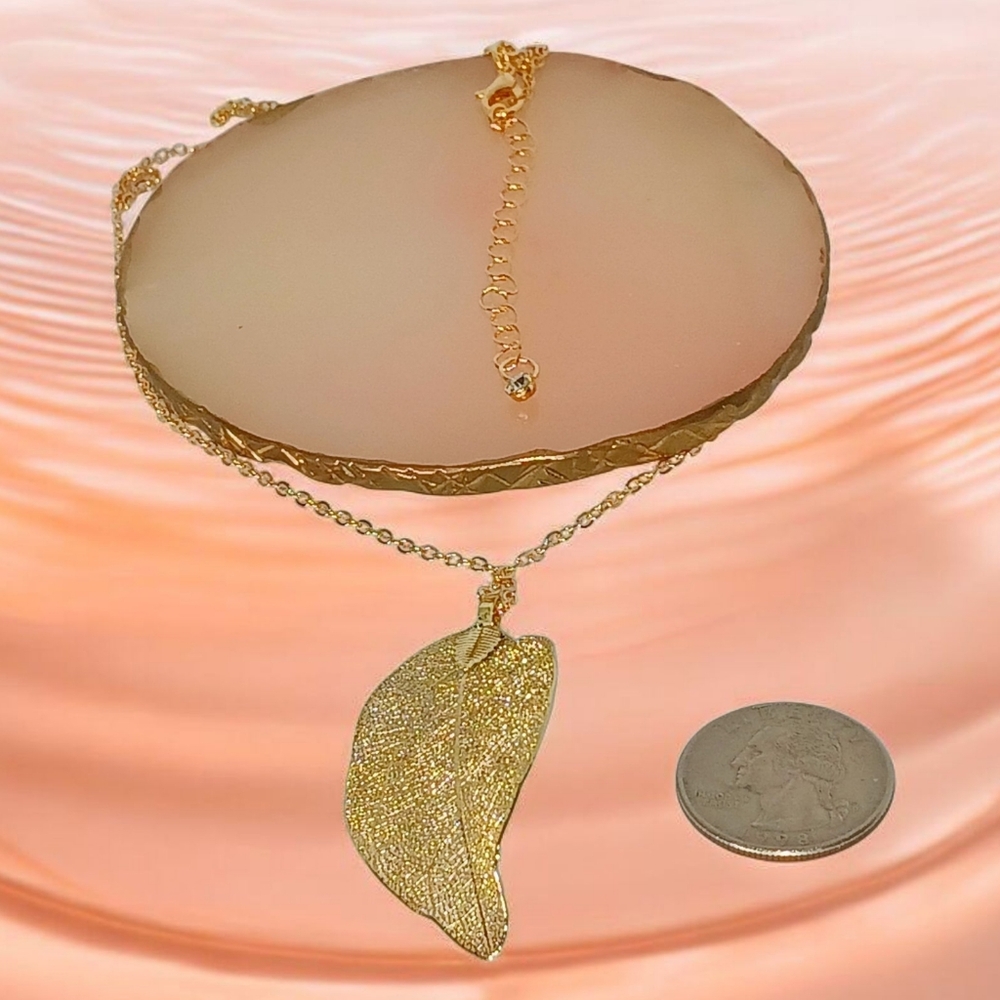 Gold Leaf Pendant Necklace Earth Art Modern Retro Glam New Age Grunge Whimsygoth - Picture 6 of 11